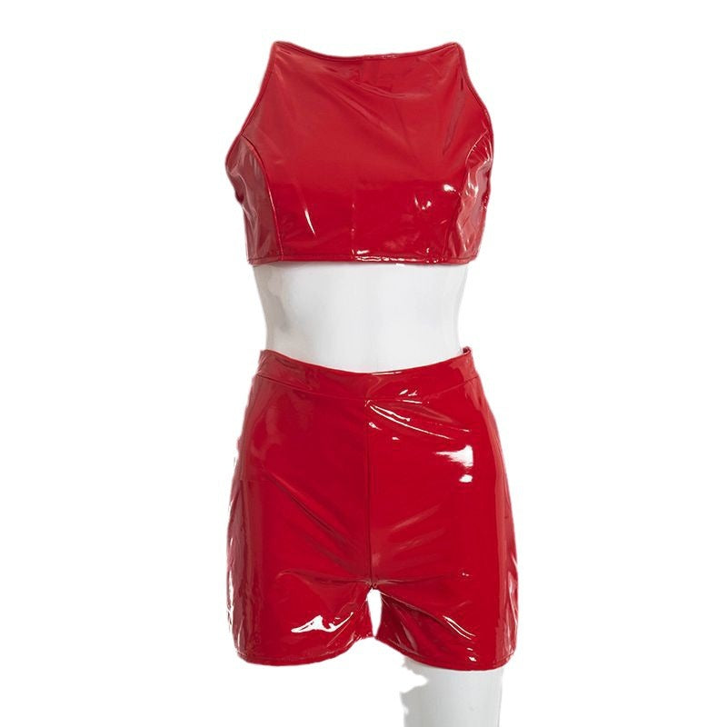 Bodycon PU Leather Two-Piece Set with Backless Crop Top and Shorts