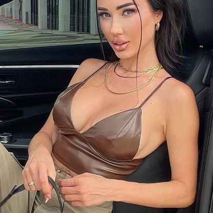 Slim PU Leather Crop Top with Deep V-Neck and Spaghetti Straps