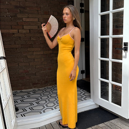 Bodycon Maxi Slip Dress with Contrast Trim and V-Neck