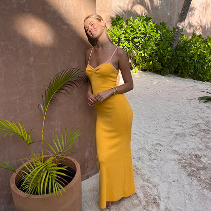 Bodycon Maxi Slip Dress with Contrast Trim and V-Neck