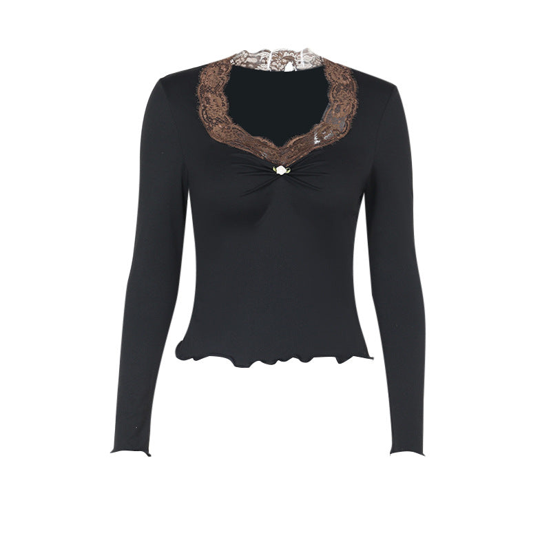 Elegant Slim-Fit Lace V-Neck Long Sleeve Top White
