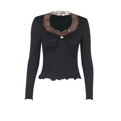 Elegant Slim-Fit Lace V-Neck Long Sleeve Top White