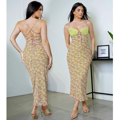 Floral Bodycon Maxi Dress with Lace Bust and Lace-Up Back