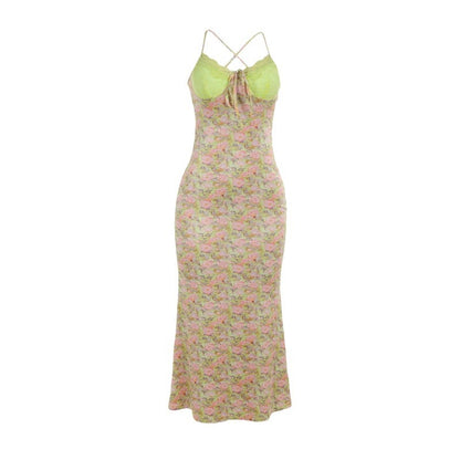 Floral Bodycon Maxi Dress with Lace Bust and Lace-Up Back
