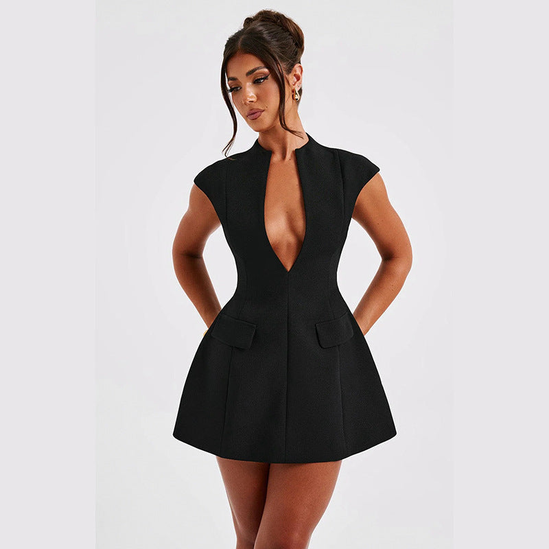 Sexy Deep V-Neck Short Sleeve Dress A-Line