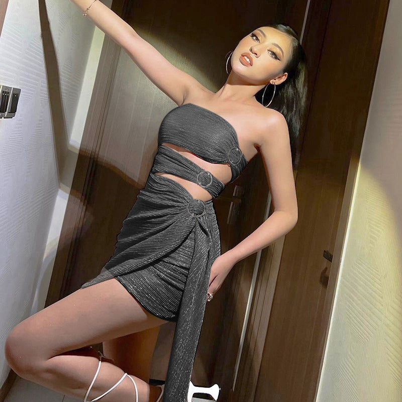 Strapless Metallic Mini Dress with Cutout and Side Drape