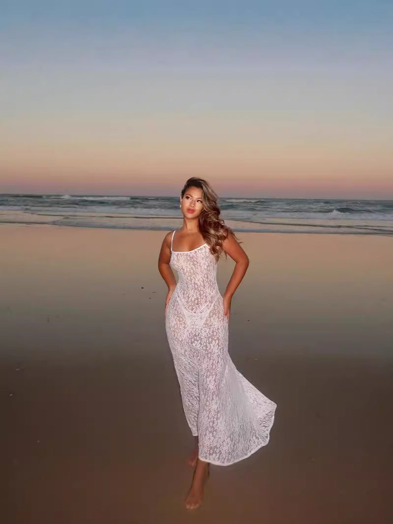Sleeveless U-Collar Long Slip Dress With Lace Detail Solid Color