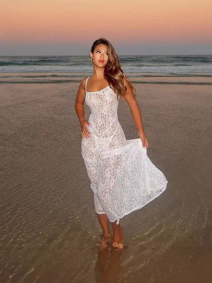 Sleeveless U-Collar Long Slip Dress With Lace Detail Solid Color