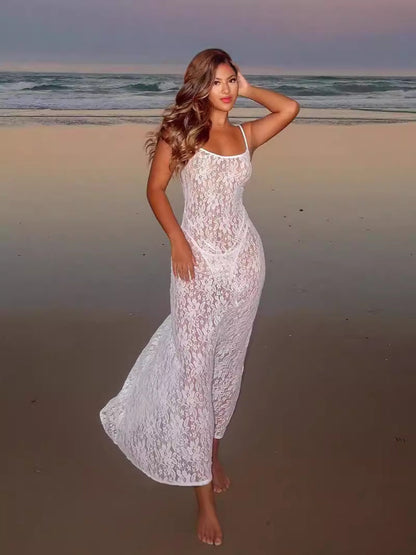 Sleeveless U-Collar Long Slip Dress With Lace Detail Solid Color