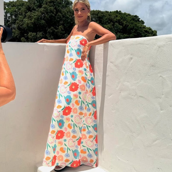 Floral Print Strapless Maxi Dress with High Waist