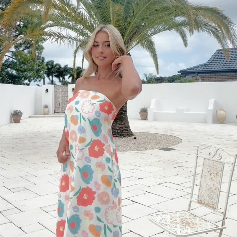 Floral Print Strapless Maxi Dress with High Waist