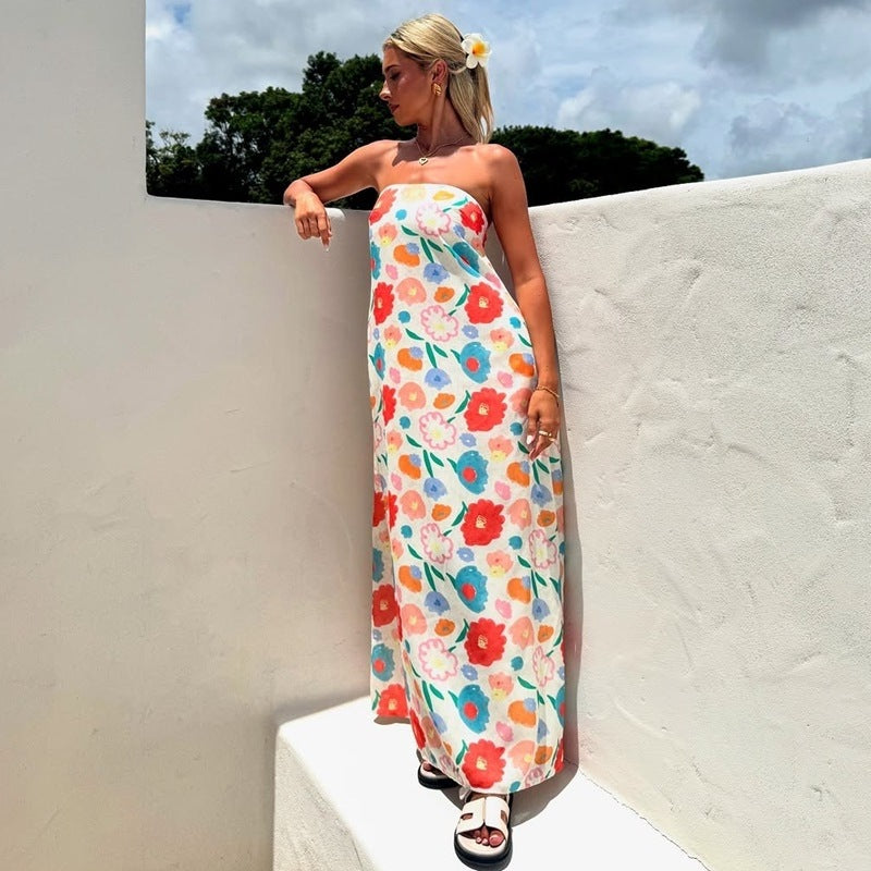 Floral Print Strapless Maxi Dress with High Waist