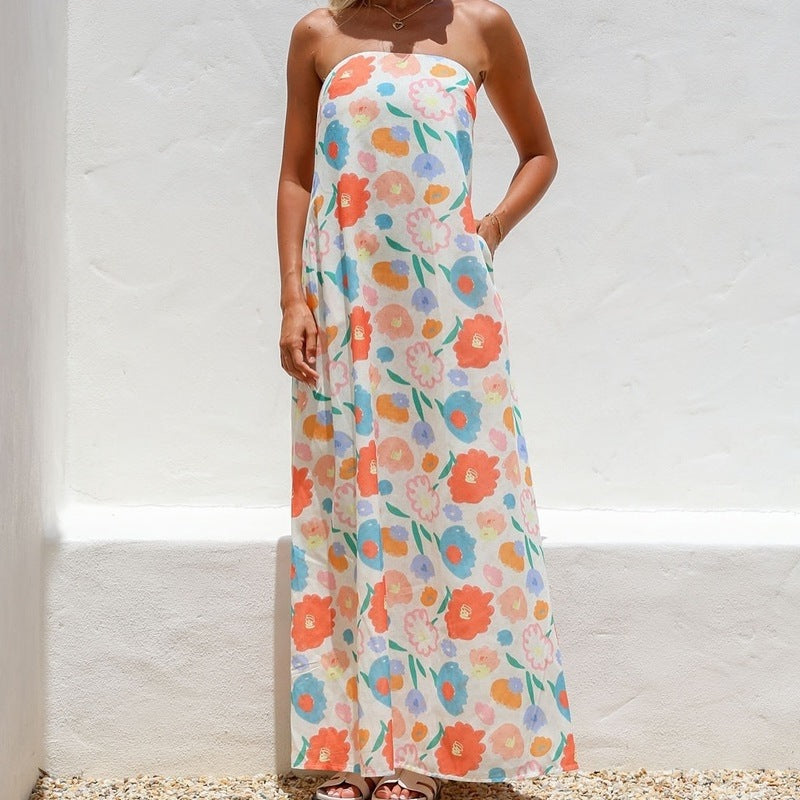 Floral Print Strapless Maxi Dress with High Waist