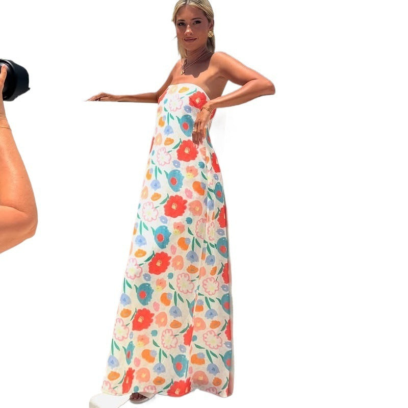 Floral Print Strapless Maxi Dress with High Waist