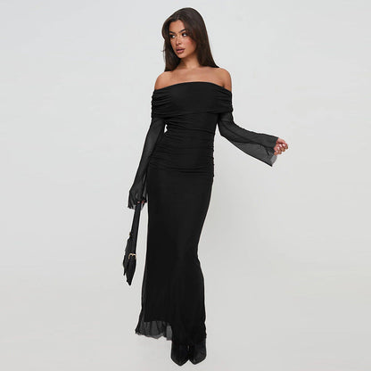 Elegant Off-Shoulder Mesh Bodycon Dress Black