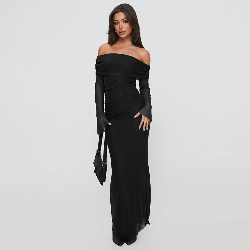 Elegant Off-Shoulder Mesh Bodycon Dress Black