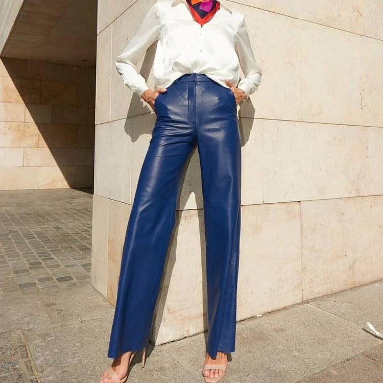 Straight-Leg PU Leather Pants with High-Waist