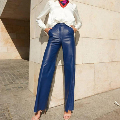 Straight-Leg PU Leather Pants with High-Waist