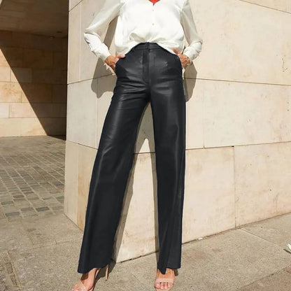 Straight-Leg PU Leather Pants with High-Waist