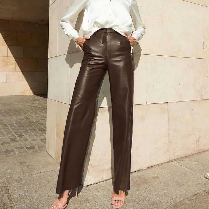 Straight-Leg PU Leather Pants with High-Waist