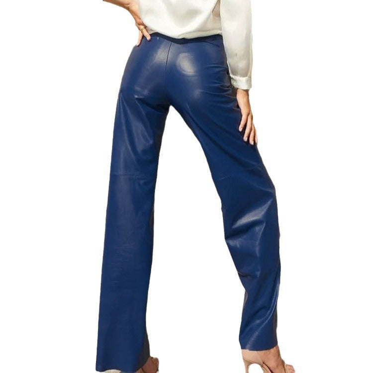 Straight-Leg PU Leather Pants with High-Waist