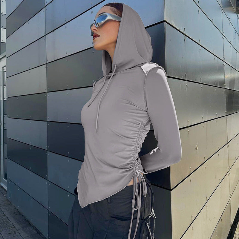 Slim Hooded Top with Ruched Drawstring and Asymmetric Hem