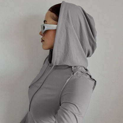 Slim Hooded Top with Ruched Drawstring and Asymmetric Hem