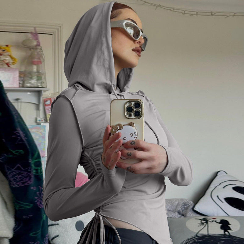 Slim Hooded Top with Ruched Drawstring and Asymmetric Hem