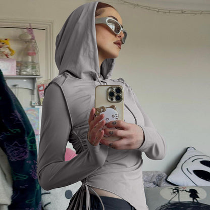 Slim Hooded Top with Ruched Drawstring and Asymmetric Hem