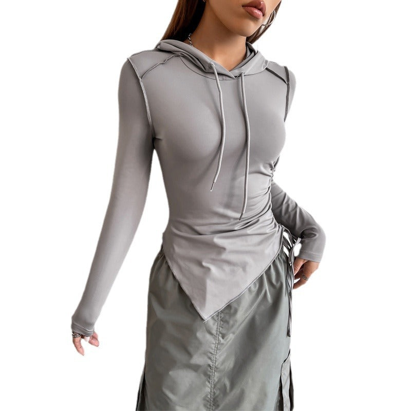 Slim Hooded Top with Ruched Drawstring and Asymmetric Hem