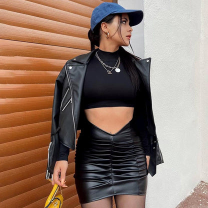 Ruched PU Leather Mini Skirt with V-Cut Waistline