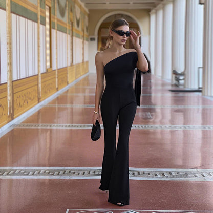 One-Shoulder Straight-Leg Jumpsuit with Draped Detail