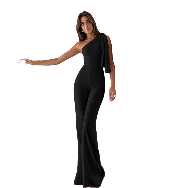 One-Shoulder Straight-Leg Jumpsuit with Draped Detail