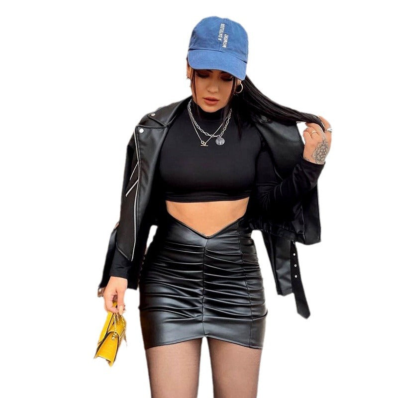 Ruched PU Leather Mini Skirt with V-Cut Waistline