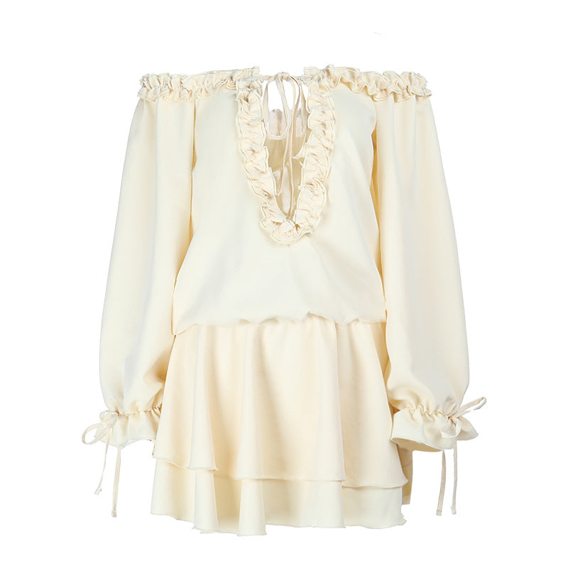 Off-the-Shoulder Mini Dress with Ruffle Plunge and Tiered Skirt