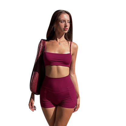 Solid Color Two-Piece Set with Camisole and High-Waist Shorts