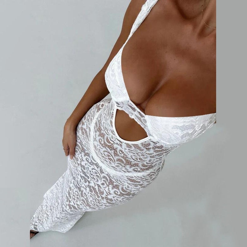 Lace Bodycon Maxi Dress with Waist Cutout and Bustier Top