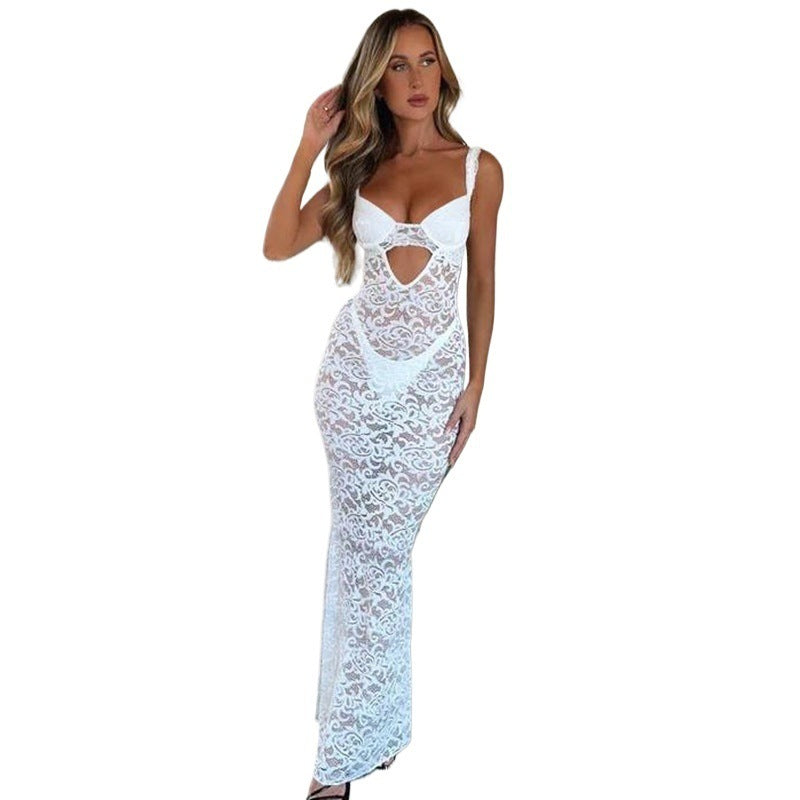 Lace Bodycon Maxi Dress with Waist Cutout and Bustier Top