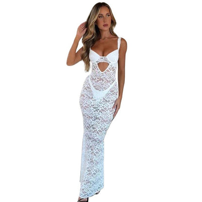 Lace Bodycon Maxi Dress with Waist Cutout and Bustier Top