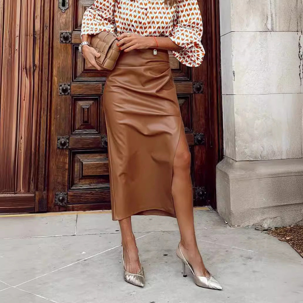 High-Waist Ruched Faux Leather Midi Skirt with Side Slit
