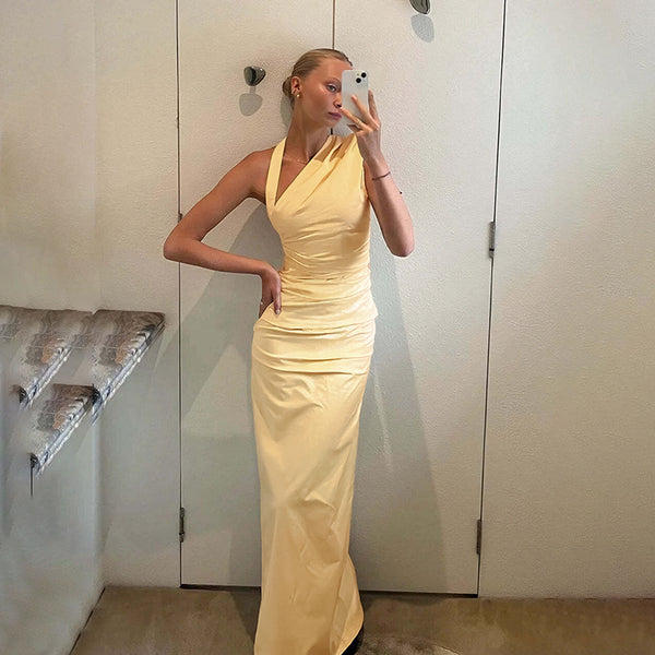 Ruched Sheath Maxi Dress with Crossover Halter Neck
