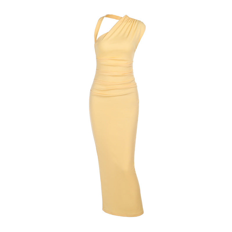 Ruched Sheath Maxi Dress with Crossover Halter Neck
