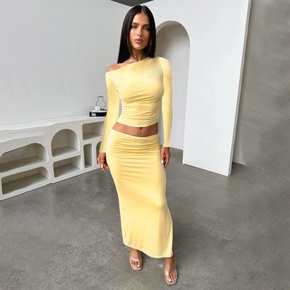 Ruched Bodycon Maxi Skirt Set with Off-the-Shoulder Long Sleeve Top