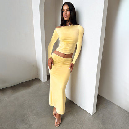 Ruched Bodycon Maxi Skirt Set with Off-the-Shoulder Long Sleeve Top