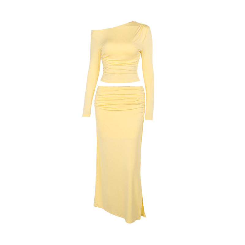 Ruched Bodycon Maxi Skirt Set with Off-the-Shoulder Long Sleeve Top