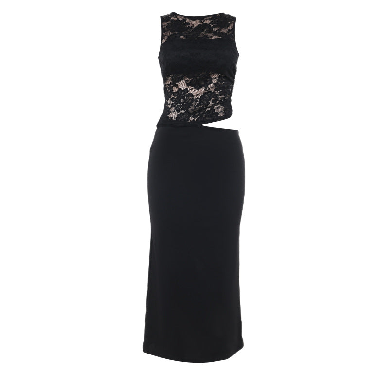 Elegant Lace Hollow Slim-Fit Vest Dress Black