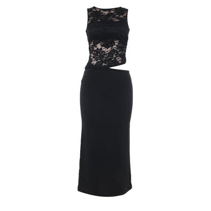 Elegant Lace Hollow Slim-Fit Vest Dress Black