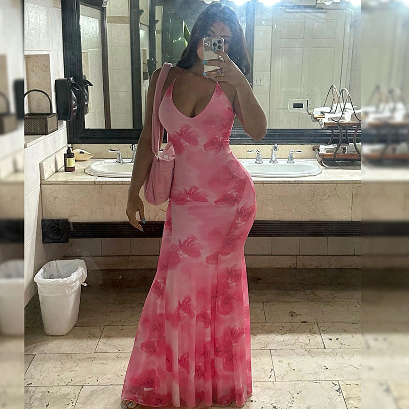 Rose Print Fishtail Maxi Dress with Backless Halter Neck