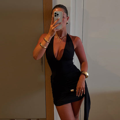 Solid Halter Neck Bodysuit and Ruched Mini Skirt Set