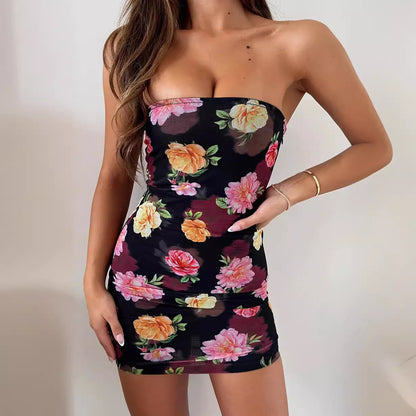 Floral Print Strapless Bodycon Mini Dress with Ruched Detail